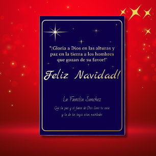 Tarjeta Festiva Con Relieve Metalizado Feliz Navidad Oro & Azul Lucas 2:14 Verso
