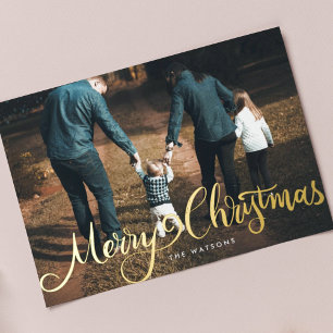 Tarjeta Festiva Con Relieve Metalizado feliz navidad oro gran mano carta foto