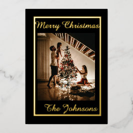 Tarjeta Festiva Con Relieve Metalizado Feliz Navidad Oro Negro Simple Foto Moderna Para