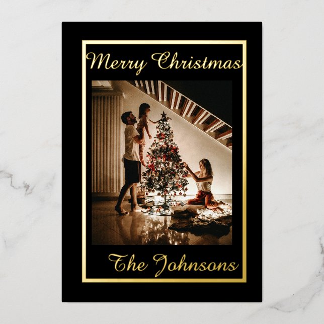 Tarjeta Festiva Con Relieve Metalizado Feliz Navidad Oro Negro Simple Moderno Foto (Anverso)