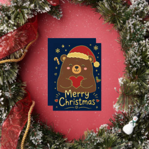 Tarjeta Festiva Con Relieve Metalizado Feliz Navidad Oso Grizzly Adorable
