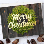 Tarjeta Festiva Con Relieve Metalizado Feliz Navidad País Rústico Pino Wreath Wood<br><div class="desc">El logotipo de su empresa se puede añadir al fondo. Modifique el mensaje de vacaciones,  el nombre comercial o el nombre de la empresa. Disponible aquí: http://www.zazzle.com/selectpartysupplies</div>
