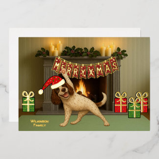 Tarjeta Festiva Con Relieve Metalizado Feliz Navidad perro yoga 