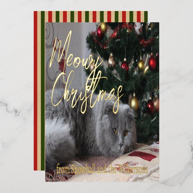 Tarjeta Festiva Con Relieve Metalizado Feliz Navidad Personalizada Foto de Gato (Anverso/Reverso)