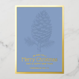 Tarjeta Festiva Con Relieve Metalizado Feliz Navidad Pinecone Moderno Blue Corporate