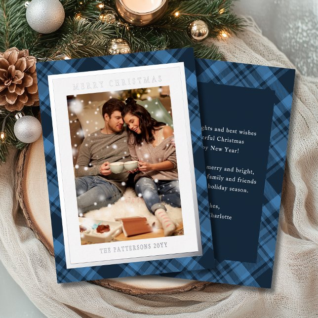 Tarjeta Festiva Con Relieve Metalizado Feliz Navidad Placa azul Tartán Foto (Subido por el creador)