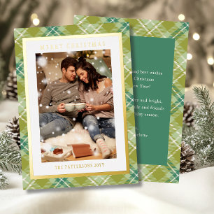 Tarjeta Festiva Con Relieve Metalizado Feliz Navidad Placa Verde Tartán Foto