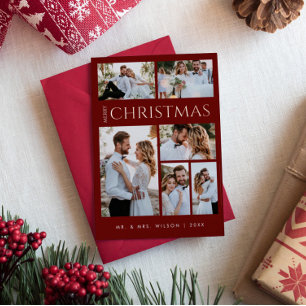 Tarjeta Festiva Con Relieve Metalizado Feliz Navidad recién casada   Seis fotos rojas