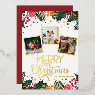 Tarjeta Festiva Con Relieve Metalizado Feliz Navidad Red Berries Holly Collage de fotos