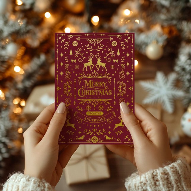 Tarjeta Festiva Con Relieve Metalizado Feliz Navidad Red & Gold Classic (Merry Christmas Red & Gold Classic Foil Holiday Card)