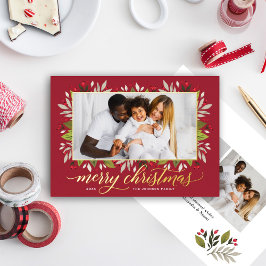 Tarjeta Festiva Con Relieve Metalizado Feliz Navidad Red Gold Elegant Script