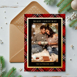 Tarjeta Festiva Con Relieve Metalizado Feliz Navidad Red Plaid Tartan Photo