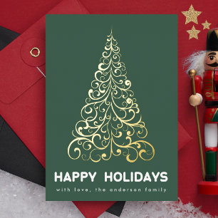 Tarjeta Festiva Con Relieve Metalizado Feliz Navidad Remolinos de Verde Esmeralda Árbol B