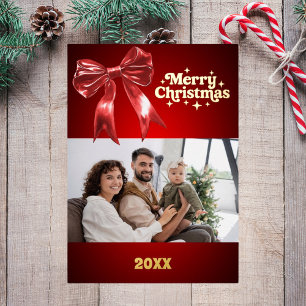 Tarjeta Festiva Con Relieve Metalizado Feliz Navidad rojo arco retro foto oro