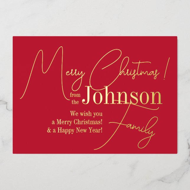 Tarjeta Festiva Con Relieve Metalizado Feliz Navidad Rojo Moderno Oro Real (Anverso)