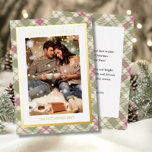 Tarjeta Festiva Con Relieve Metalizado Feliz Navidad Rosa Verde Plátano Tartán Foto