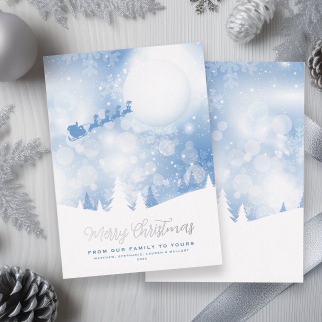 Tarjeta Festiva Con Relieve Metalizado Feliz Navidad Santa Script Nieve azul Real (Merry Christmas Santa Script Blue Snow Real Foil Holiday Card)