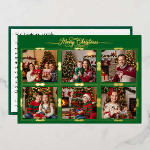 Tarjeta Festiva Con Relieve Metalizado Feliz Navidad Seis imágenes enmarcadas Front Green
