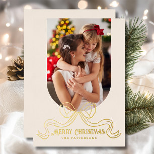Tarjeta Festiva Con Relieve Metalizado Feliz Navidad Simple Coquette Moderno Bow Photo