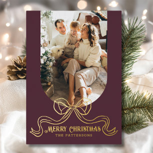 Tarjeta Festiva Con Relieve Metalizado Feliz Navidad Simple Coquette Moderno Bow Photo