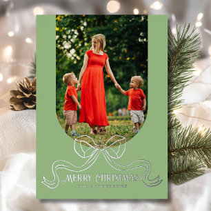 Tarjeta Festiva Con Relieve Metalizado Feliz Navidad Simple Coquette Moderno Bow Photo