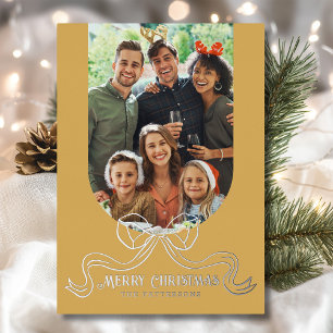 Tarjeta Festiva Con Relieve Metalizado Feliz Navidad Simple Coquette Moderno Bow Photo