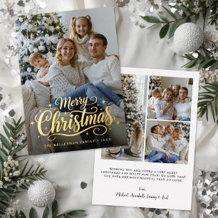 Tarjeta Festiva Con Relieve Metalizado Feliz Navidad Simple Elegante Foto Oro
