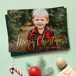 Tarjeta Festiva Con Relieve Metalizado Feliz Navidad simple verde una familia de fotos