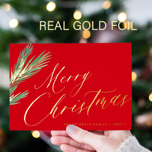 Tarjeta Festiva Con Relieve Metalizado Feliz Navidad simple y elegante guión oro rojo