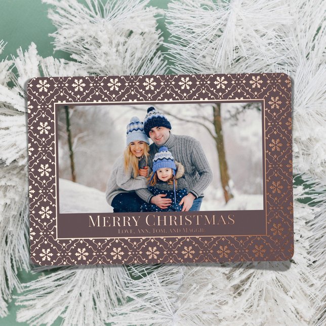 Tarjeta Festiva Con Relieve Metalizado Feliz Navidad Snowflake Elegante Rosa Foto de oro (Elegant rose gold and plum photo card with Real Gold Foil. )