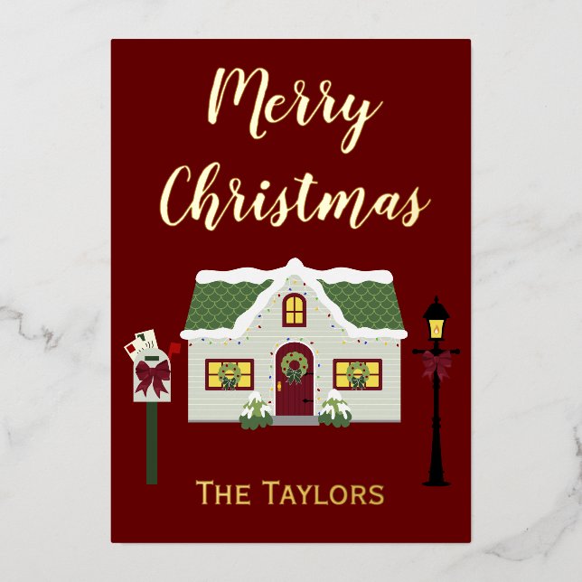 Tarjeta Festiva Con Relieve Metalizado Feliz Navidad Snowley Home (Anverso)