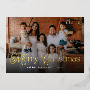 Tarjeta Festiva Con Relieve Metalizado Feliz Navidad Tipografía Elegante Foto de Familia