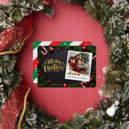 Tarjeta Festiva Con Relieve Metalizado Feliz Navidad tradicional, apellido y foto