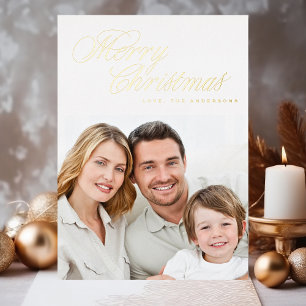 Tarjeta Festiva Con Relieve Metalizado Feliz Navidad Tradicional Foto de Oro REAL