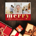 Tarjeta Festiva Con Relieve Metalizado Feliz Navidad Tres Collages de fotos Blanco Rojo<br><div class="desc">Elegante Navidades modernos, verdadera tarjeta de vacaciones de Relieve metalizado dorado con tres collage de fotos y un saludo de vacaciones en oro sobre el fondo rojo: Feliz Navidad, en una mezcla de tipografía clásica y moda escritura moderna manuscrita. El reverso de la tarjeta contiene el mensaje de sus Navidades...</div>