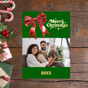 Tarjeta Festiva Con Relieve Metalizado Feliz Navidad verde arco rojo retro foto oro