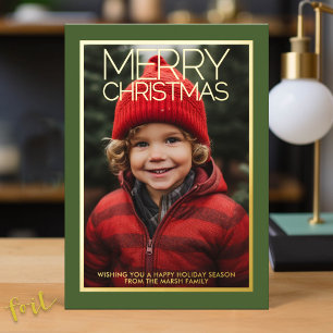 Tarjeta Festiva Con Relieve Metalizado Feliz Navidad verde con foto y oro