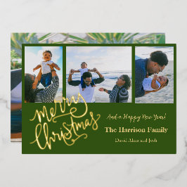 Tarjeta Festiva Con Relieve Metalizado Feliz Navidad Verde Foto Personalizada Dorado