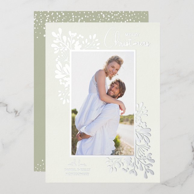 Tarjeta Festiva Con Relieve Metalizado Feliz Navidad Verde Plata (Anverso/Reverso)