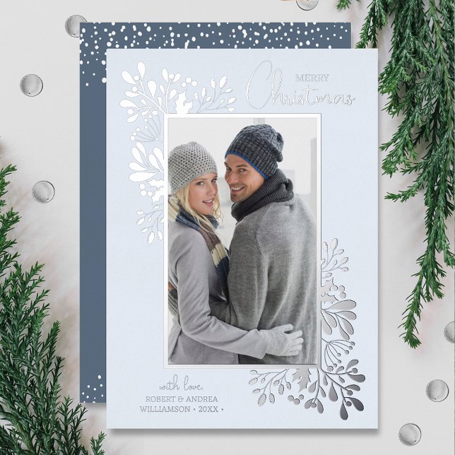 Tarjeta Festiva Con Relieve Metalizado Feliz Navidad Verde Plata (REAL silver foil! Merry Christmas Greenery Holiday Cards)