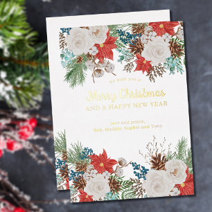 Tarjeta Festiva Con Relieve Metalizado Feliz Navidad y Año Nuevo Poinsettia Pino Oro