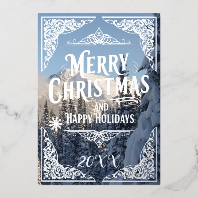 Tarjeta Festiva Con Relieve Metalizado Feliz Navidad y feliz año festivo nevado (Anverso)