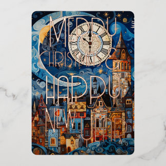 Tarjeta Festiva Con Relieve Metalizado Feliz Navidad y Feliz Año Nuevo Reloj de Luna de l