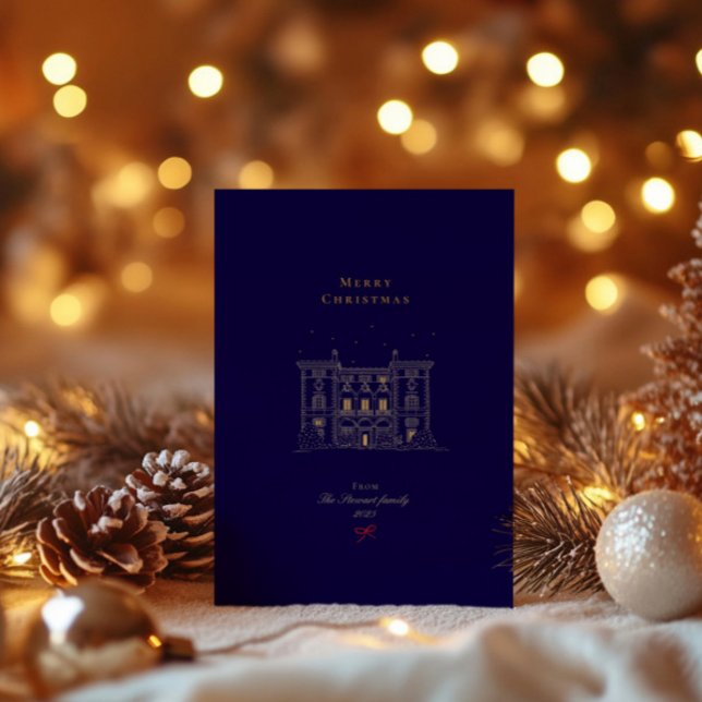 Tarjeta Festiva Con Relieve Metalizado Feliz navidad y Moda estilo oro (Merry Christmas Navy & Gold Stylish Chic Foil Holiday Card)