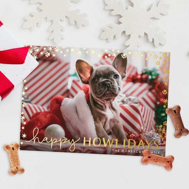 Tarjeta Festiva Con Relieve Metalizado Feliz Oro de Amantes (real foil paw prints snowflakes frame cute pet photo happy holidays Christmas cards)