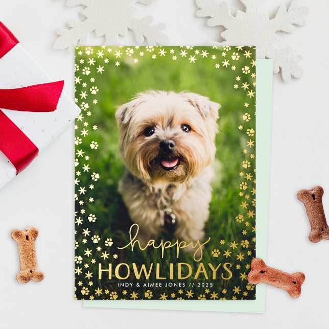Tarjeta Festiva Con Relieve Metalizado Feliz Oro de Amantes (funny humor happy howlidays Christmas holiday photo cards for dog people with real foil paw prints)