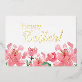 Tarjeta Festiva Con Relieve Metalizado Feliz Pascua Floral Personalizado Peonías Oro Real