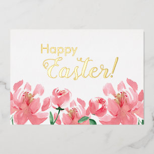 Tarjeta Festiva Con Relieve Metalizado Feliz Pascua Floral Personalizado Peonías Oro Real