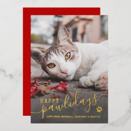 Tarjeta Festiva Con Relieve Metalizado Feliz Pawlidays Foto de Gato Mascota Rojo Navidad 