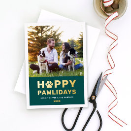 Tarjeta Festiva Con Relieve Metalizado Feliz Pawlidays Foto moderna de perro verde dorado